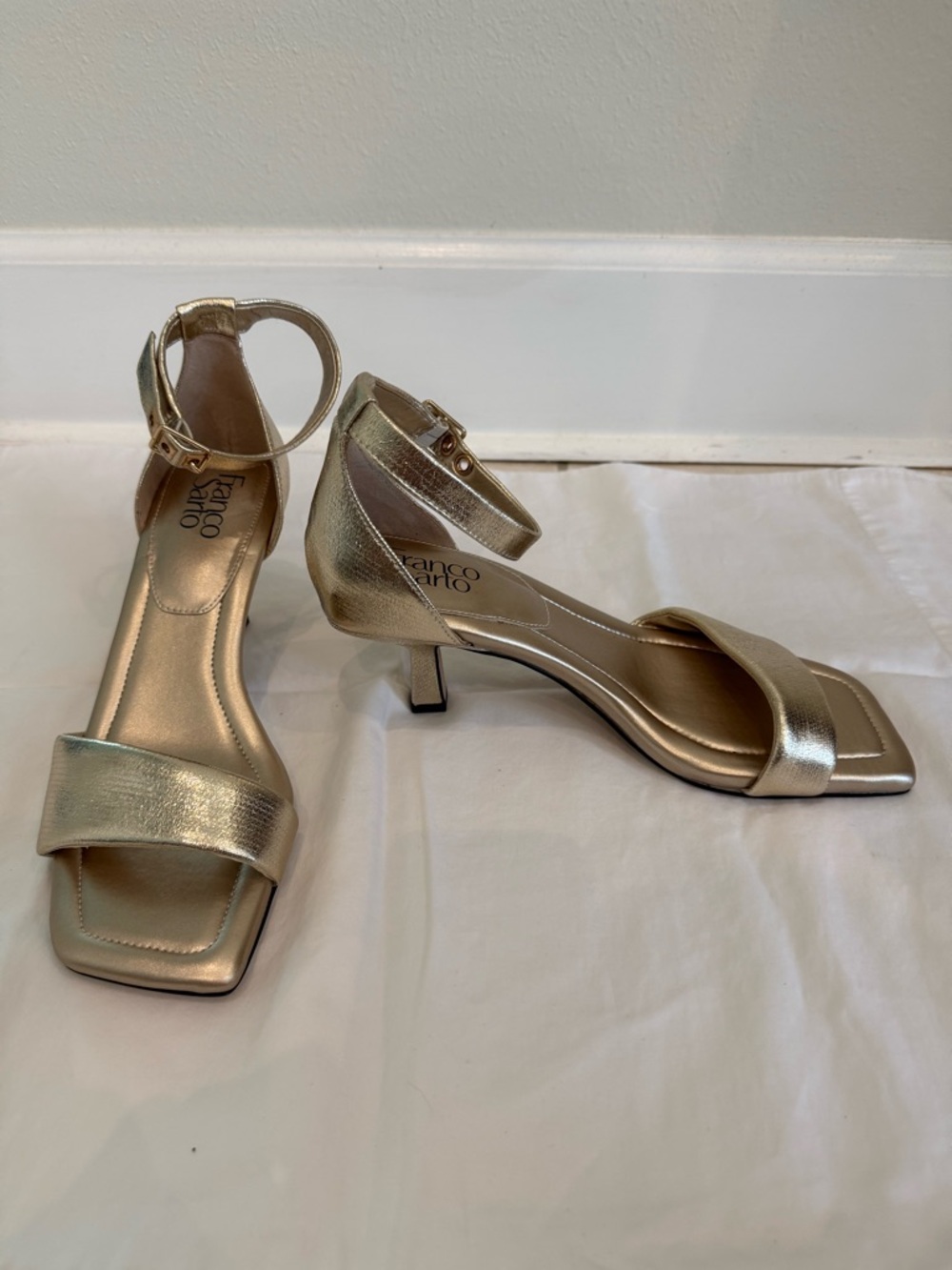 Franco Sarto Metallic Gold Ankle-Strap Mid-Heel Sandals